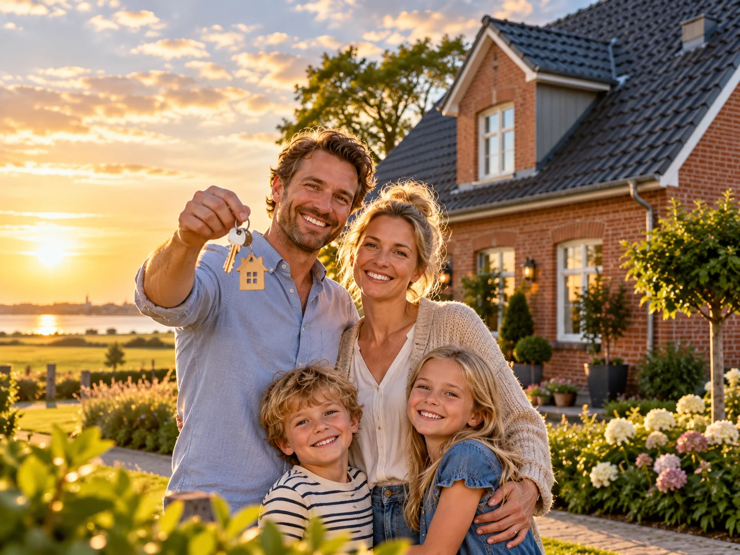 Familie vor einem Haus als Symbol für Anschlussfinanzierung