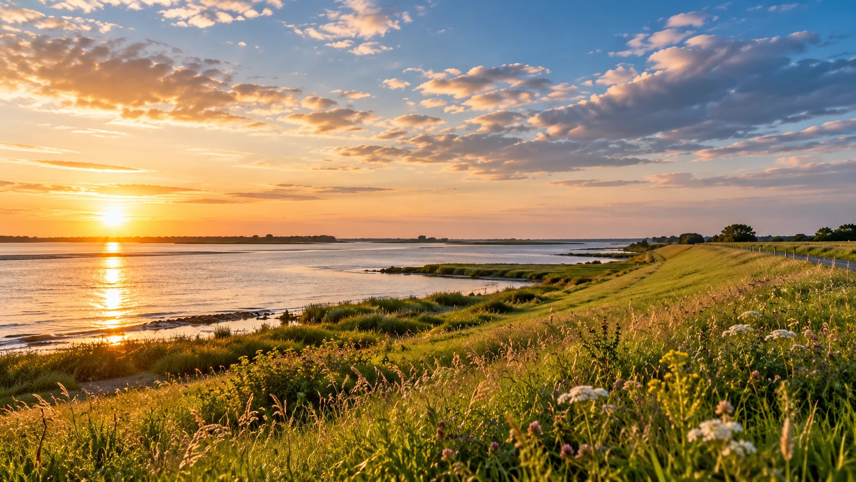 Küstenlandschaft in der Wesermarsch am Deich im Abendlicht
