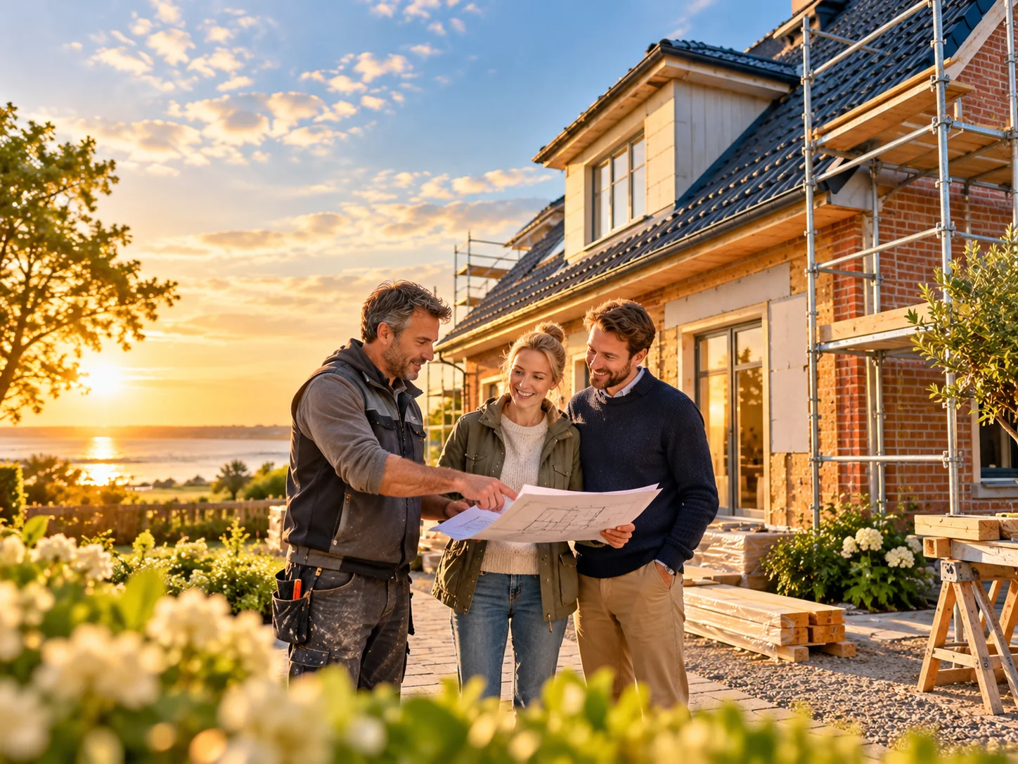 Haus mit Gerüst und Renovierungsarbeiten im Abendlicht