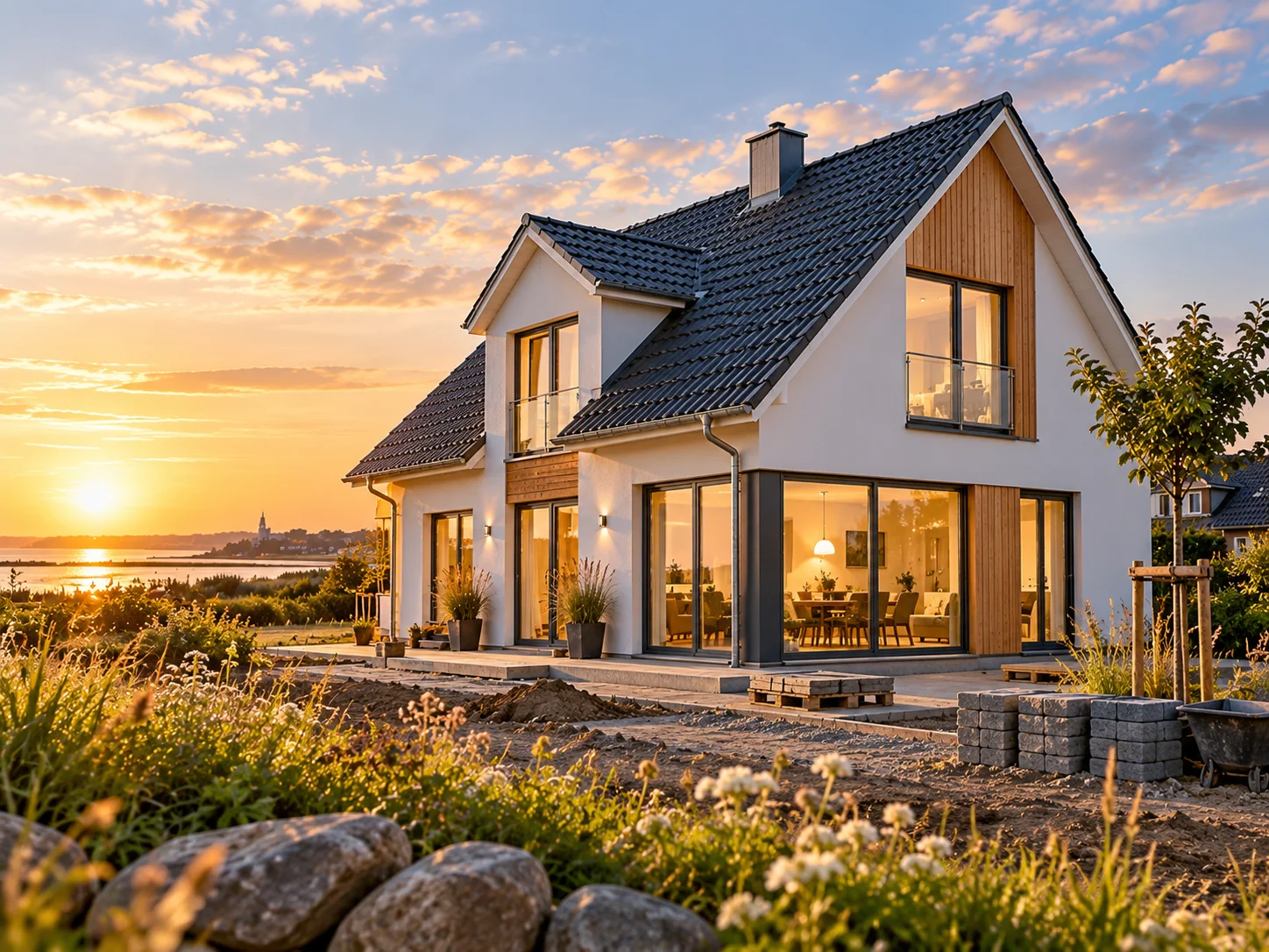 Modernisiertes skandinavisches Haus im Abendlicht