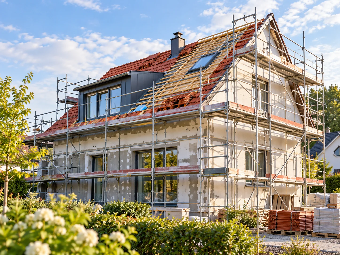 Haus in der Modernisierung mit Gerüst und Dacharbeiten