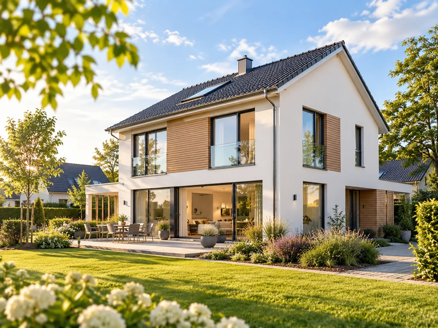 Modernes Einfamilienhaus als Beispiel für Neubaufinanzierung